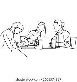 Vector business meeting discussion between workers in cafe round table cartoon Line art. Business training and presentation concept. continuous line drawing of office workers at business meeting