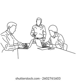 Vector business meeting discussion between workers in table cartoon Line art.