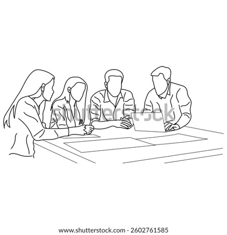 Vector business meeting discussion between workers in table cartoon Line art.