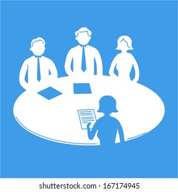 vector business meeting icon with pictograms of people around table | flat design infographics template white on blue background