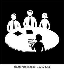 vector business meeting icon with pictograms of people around table | flat design infographics template white on black background