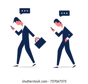 Vector business men holding smart phone to read and text messages outdoors. Side view. Flat concept illustration of people addiction to networks and spending time in internet.