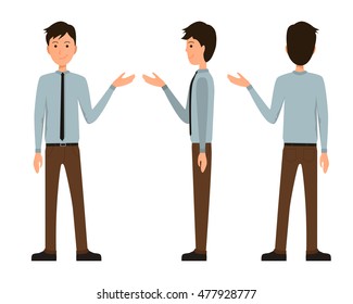 Vector Of Business Men In Official Clothes With Hand Up. Question Pose. Presentation Pose. Flat People .Flat Young Man.Worker In A Shirt With A Tie.Front View Man,Side View Man,Back Side View Man