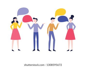 Vector business men and women discussing with empty chat bubbles above head. People communication concept with flat male, female characters and speech boxes. Isolated illustration