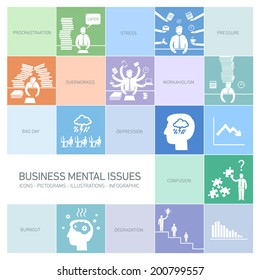 vector business mental issues icons set of depressed and stressed managers | modern flat design illustrations separated on colorful background