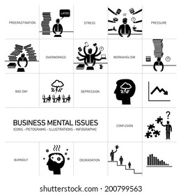 vector business mental issues icons set of depressed and stressed managers | black modern flat design illustrations separated on white background