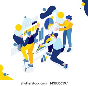 vector business metaphor illustration. A creative team of people working on a project, a team analytic brainstorming method. Teamwork at the idea. 3d vector isometric stylish graphics for banners 