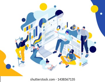 vector business metaphor illustration. A creative team of people working on a project, a team analytic brainstorming method. Teamwork at the idea. 3d vector isometric stylish graphics for banners 