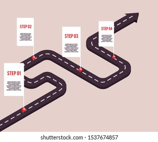 Vector business milestones concept with points and steps with space text on road route. Company timeline, presentation infographic template. Corporate strategy, process workflow.