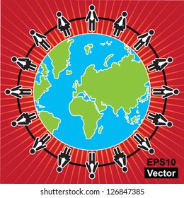 Vector : Business MLM or Social Network Concept Present By The Businessman and Businesswoman Connected Together in Red Shiny Background