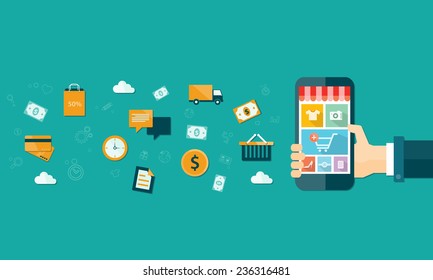 vector business mobile on line shopping on  cloud  mobile device
