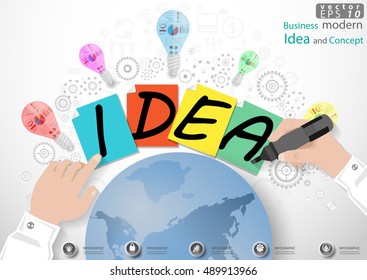 Vector Business  modern Idea and Concept illustration with hand. Magic Pen, paper, lamp, cog, world. icon.