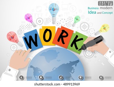 Vector Business  modern Idea and Concept illustration with hand, Magic Pen, paper, lamp, cog, world. icon