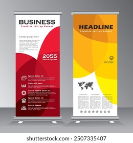 Vector business modern roll up banner template, vertical banner template, new standee for business with red and yellow colour,