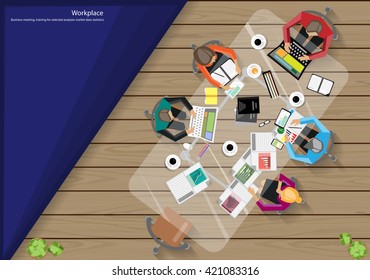 Vector Business Notebook brainstorming ideas for a task, leveraging the mobile tablet diary papers, pens, pencils, glasses and coffee cups flat design 