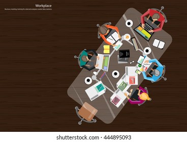 Vector Business Notebook brainstorming ideas for a task, leveraging the mobile tablet diary papers, pens, pencils, glasses and coffee cups flat design