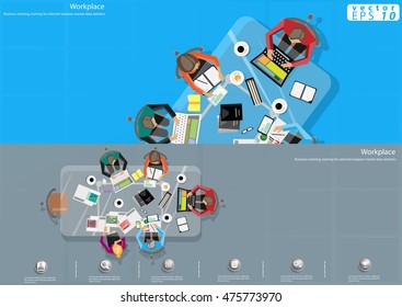 Vector Business Notebook brainstorming ideas for a task, leveraging the mobile tablet diary papers, pens, pencils, glasses and coffee cups flat design