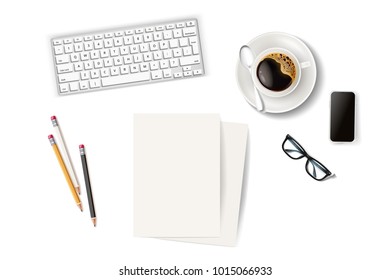 Vector business office coffee break concept. Table setting arrangement isolated white background realistic coffee cup plate foam bubble spoon smartphone, keyboard glasses pencil pen blank paper mockup