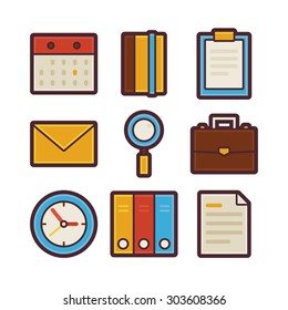 Vector Business and Office Life Items Modern Flat Icons Set. Workplace App Web Elements Collection. Office Lifestyle. Colorful Elements for Mobile Game and Web Application