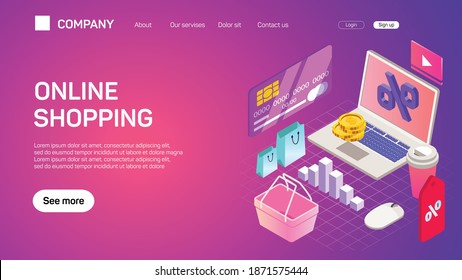 Vector business on line shopping and e-marketing. Web site template for e-commerce, digital marketing.