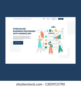 Vector business outsourse services poster operations consulting advertising, streamline processes workflow advice concept with male, female analytics near checklist, growth data charts