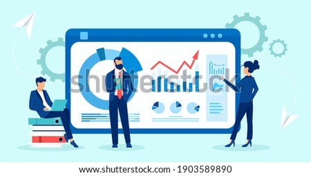 Vector of business people business analytics team monitoring financial reports and investments 