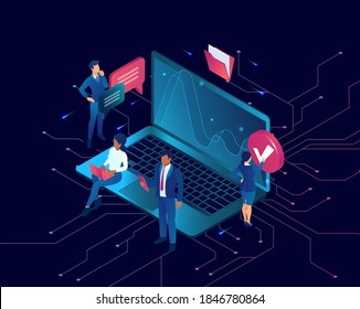 Vector of a business people analyzing internet data on laptop computer 