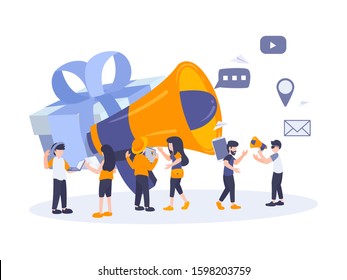 Vector Business people with big Megaphone. Illustration flat design style. Symbol of announcement, promotion, advertising, call through the horn, and online alerting. Digital campaign theme.