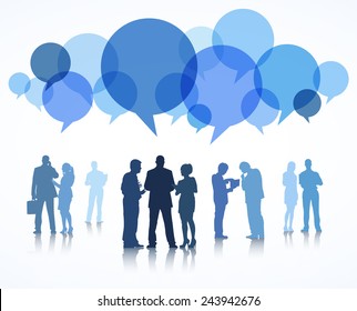 Vector of business people with blue speech bubble.