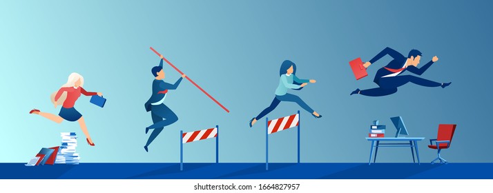 Vector Of Business People Conquering Adversity, Overcoming Obstacles On The Way To Career Growth 