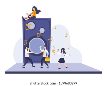 Vector business people dancing and singing with music and big sound speaker. Business metaphor concept flat illustration of workers enjoy relaxation and refreshing. Digital element for app website.