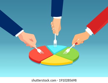 Vector of business people dividing financial pie chart, profits