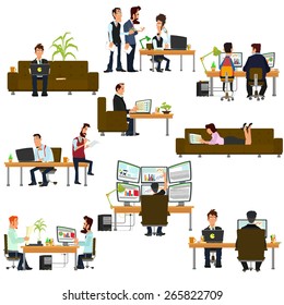 Vector business people in flat style. isolated icon of people working on the computer. people work in different places.