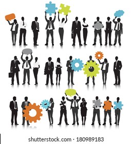 Vector of Business People Holding Gears and Speech Bubbles