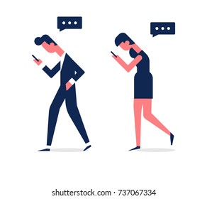Vector business people holding smart phone to read and text messages outdoors. Side view. Flat concept illustration of people addiction to networks and spending time in internet.