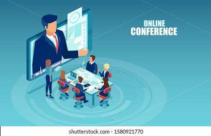 Vector of business people meeting in a office having conference call with a presenter. Online seminar, internet learning concept