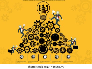 Vector business people to the path of success and victory for trade competition with gears and a light bulb of an idea.