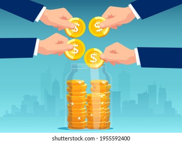 Vector of business people putting dollar coins into a glass jar