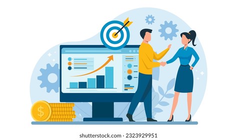 Vector of business people reaching financial goals and reviewing data report