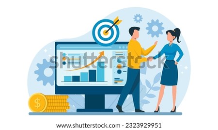 Vector of business people reaching financial goals and reviewing data report