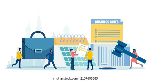 Vector Of Business People Reading Corporate Rules And Policies. Business Laws, Regulations And Standards Concept