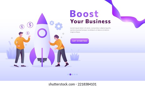vector de empresarios y cohetes para acelerar el negocio. servicios de desarrollo empresarial en línea. página de inicio, pantalla de interfaz de sitio web de negocios