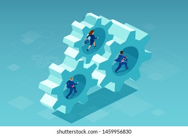 Vector of a business people running inside gear mechanisms 