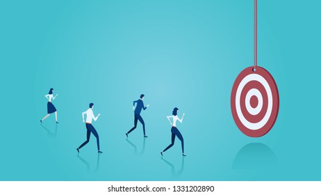 Vector of business people running towards a target on blue background  - Shutterstock ID 1331202890
