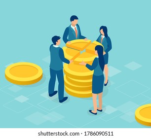 Vector of business people share profits dividing company money