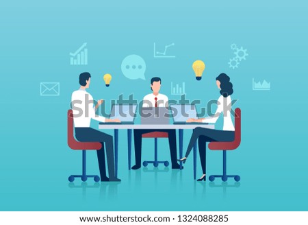 Vector of business people sitting at table brainstorming company future plans. Teamwork concept 