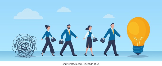 Vector of business people solving a problem, finnding an easy way to understand new idea. Businessmen and businesswomen walking away from mess chaos line to a simple bright light bulb 