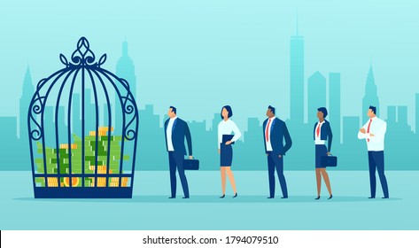 Vector of business people staying in line to get a credit, money locked in birdcage 