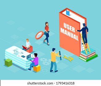 Vector of a business people team working in the office using user manual 