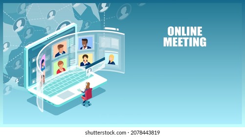 Vector Of Business People Using Online Meeting Workspace Page, Video Conference Platform To Communicate With Colleagues.